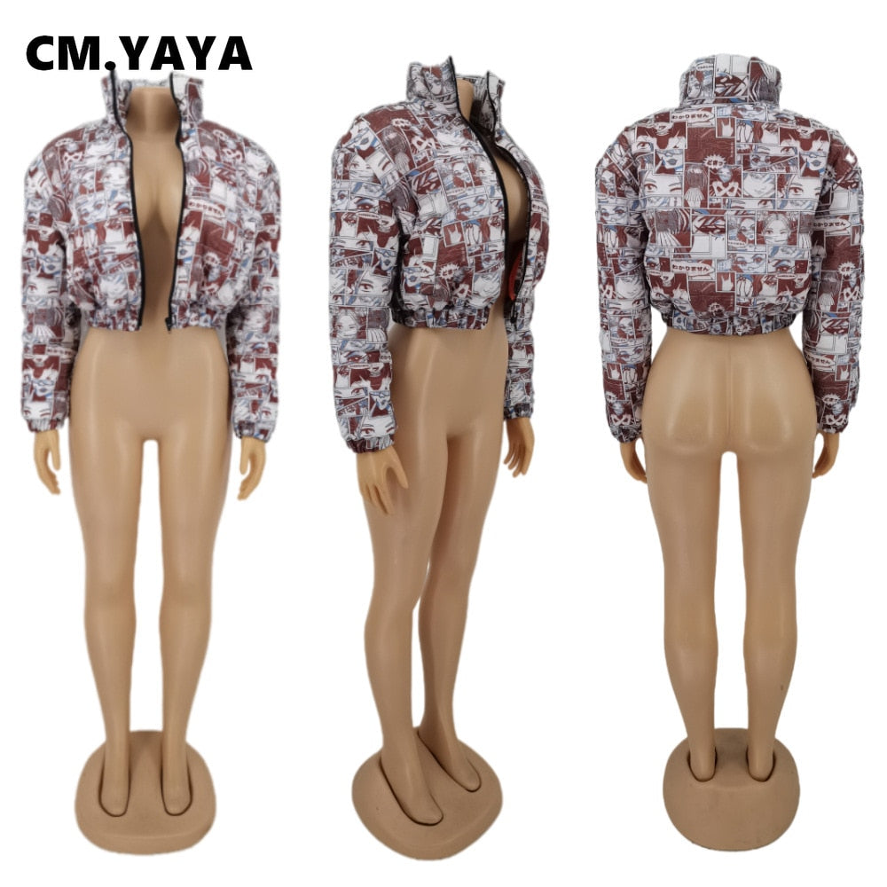 CM.YAYA Winter Women Zipper Fly Cartoon Parkas Jackets Streetwear Full Sleeve Casual Down Wool Coats Outcoats
