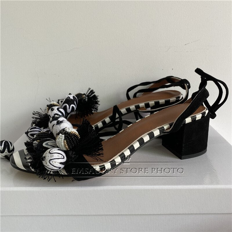 Wool Knitting Ball Tassels Sandals Women Ankle Wrap Striped Color Fringed Pompoms Stiletto Heel Suede Party Shoes Woman