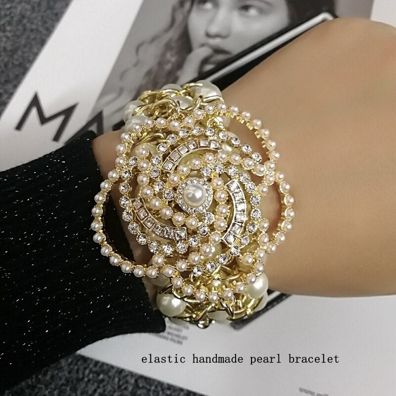 Korean Design Style Crystal Five Chain Bracelet For Women Pearl Flower Charm Jewelry