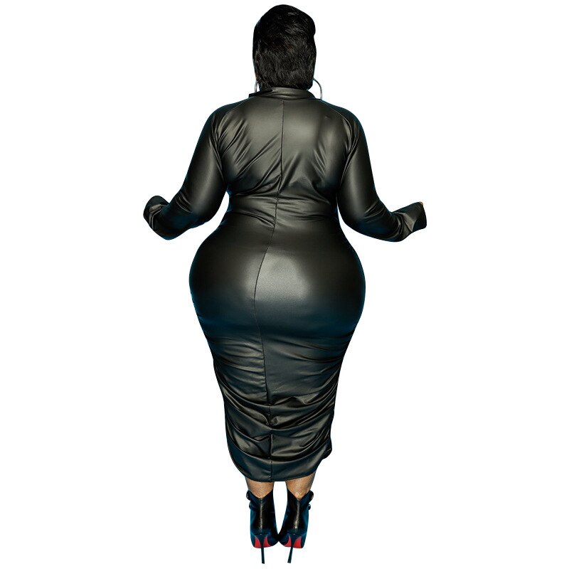Plus Size Dresses for Women Zip Up Stretchy Long Sleeve Midi Dress Casual Black Punk Pu Leather Dress Wholesale Dropshipping