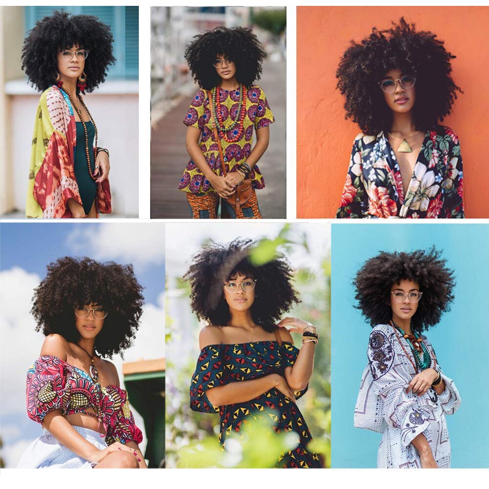 14'' Short Hair Afro Kinky Curly Wigs With Bangs For Black Women Synthetic Natural Brown Mixed Blonde Wig Party Cosplay Daily