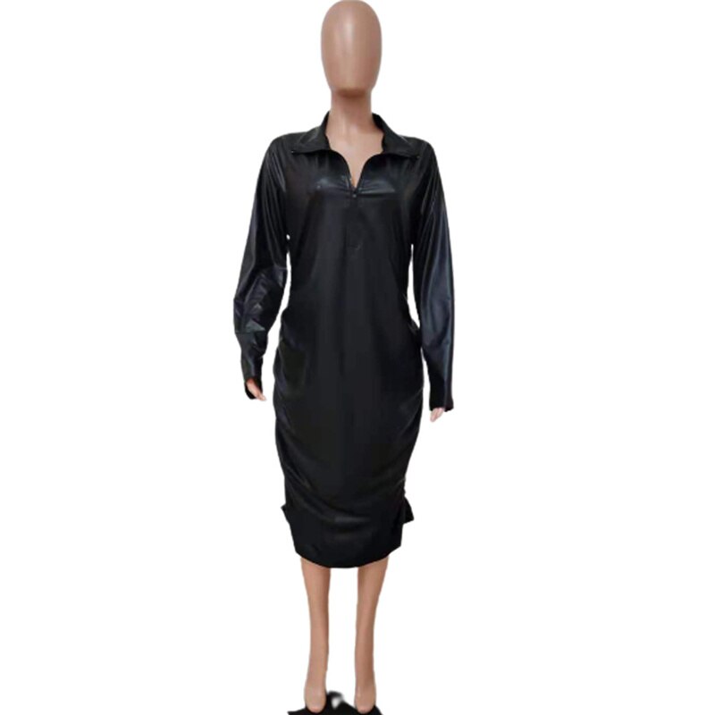 Plus Size Dresses Zipper Sexy Black Dress Clubwear Stretchy Leather Long Sleeve Midi Dress Bodycon Wholesale Dropshipping