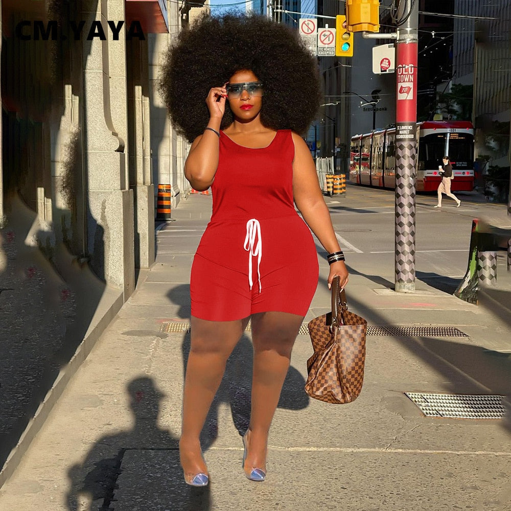 CM.YAYA Women Plus Size Playsuit Solid Sleeveless Drawstring Waist Stretchy Bodycon Playsuits Casual Rompers Summer Outfits 2021