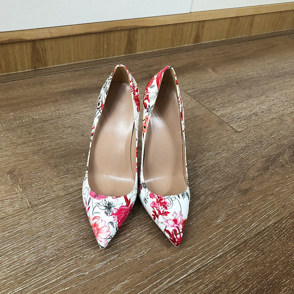 Veowalk Flowers Print Women Patent Leather Pointed Toe Stiletto Pumps 8cm 10cm 12cm High Heel Party Shoes US Size 10 11 12