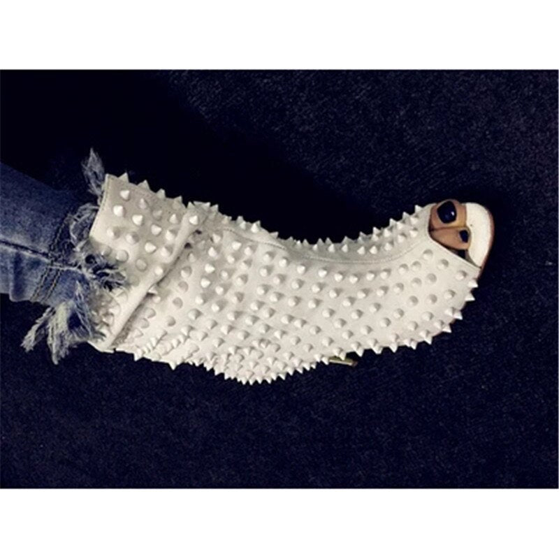 Beige White Rivet Open Toe Thin High Heel Boots Women SlipOn Stiletto Heeled Sexy Studded Street Short Booties