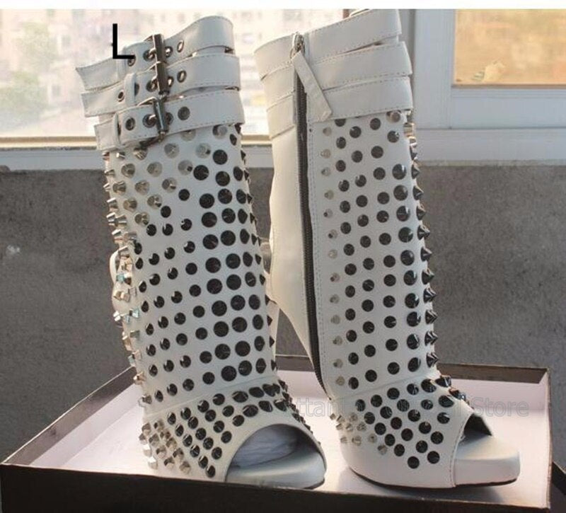 Hot selling rivets studded ankle boots summer open toe ankle strap gladiator sandal boots cutouts woman boots black white