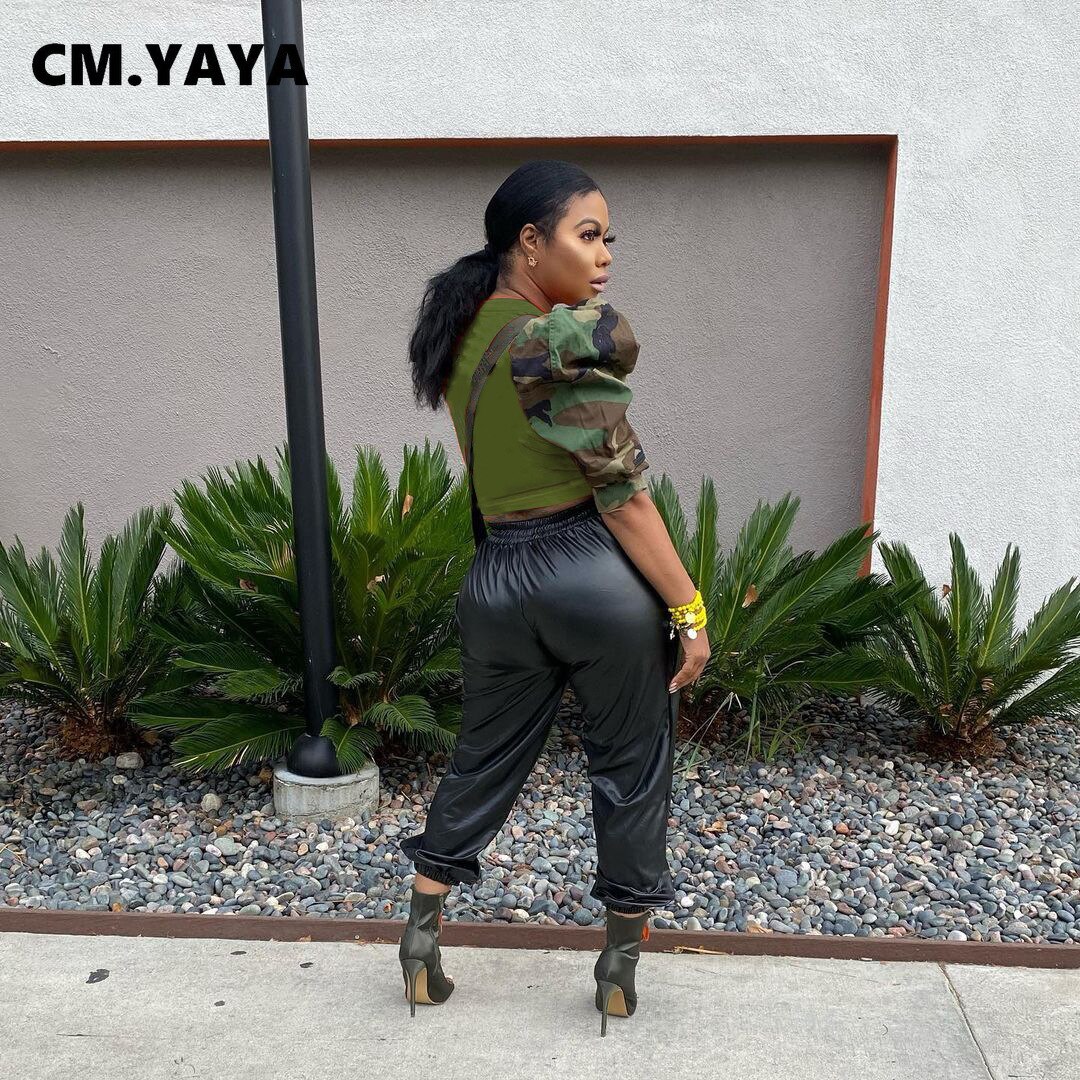 CM.YAYA Women Camouflage Half Length Pull Sleeve O-neck Patchwork Mini T-shirt Tops