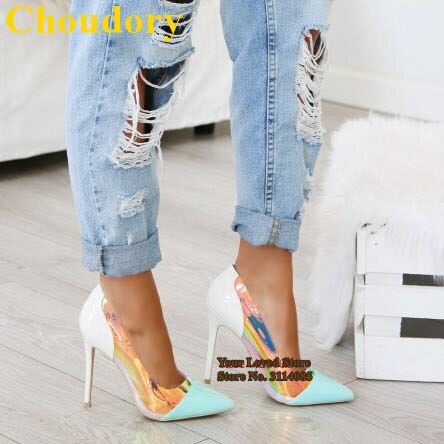 Choudory Pink Patent Leather Pointed Toe Pumps Hologram Iridescent Reflective PVC High Heel Shoes Mixed Color Celebrity Wedding