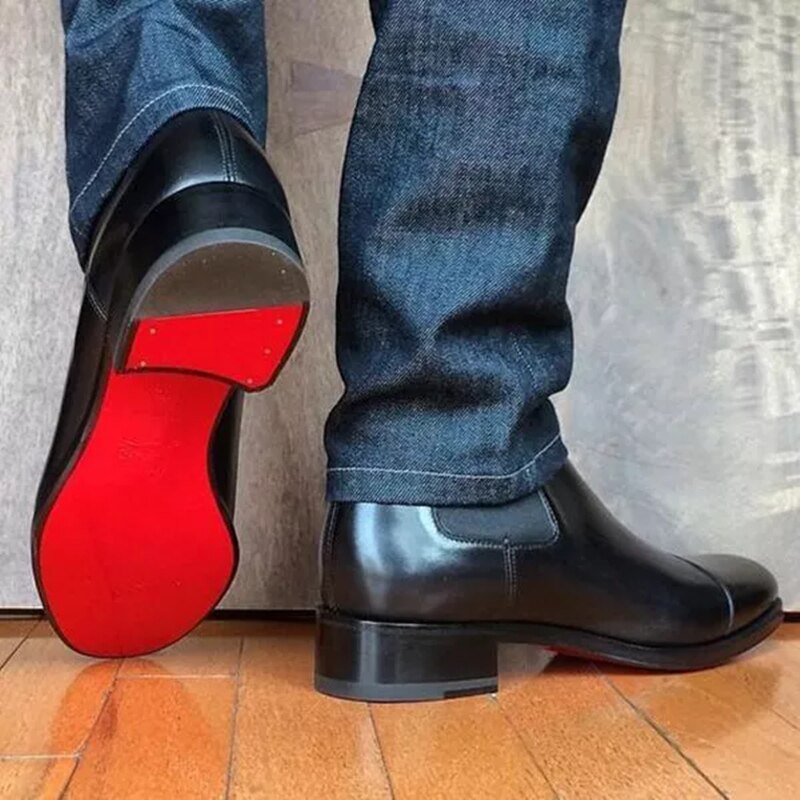 New Black Chelsea Boots for Men Red Sole Square Toe Slip-On Business Men Ankle Boots Free Shipping Botas De Hombre