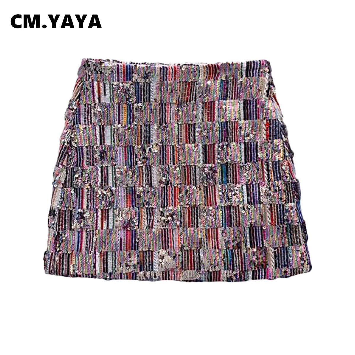 CM.YAYA Women Vintage Sequined Geometrical A-line Bodycon Midi Mini Skirt 2023 Street Party Evening Basic INS Skirts