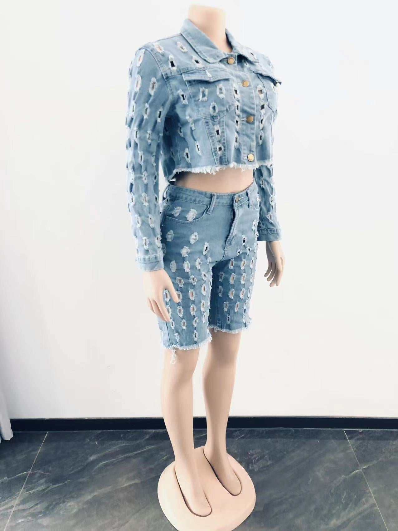 Women Denim Coats 2 Two Piece Set Casual Tracksuit Joggers Crop Jogging Suits Jackets Cargo Biker Short Pant Streetwear Outfits
