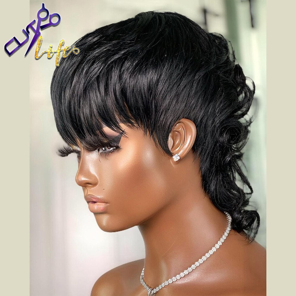 Short Pixie Cut Wig With Bangs Brazilian Remy Loose Wave Human Hair Full Machine Made No Lace Wigs For Black Women Model Length