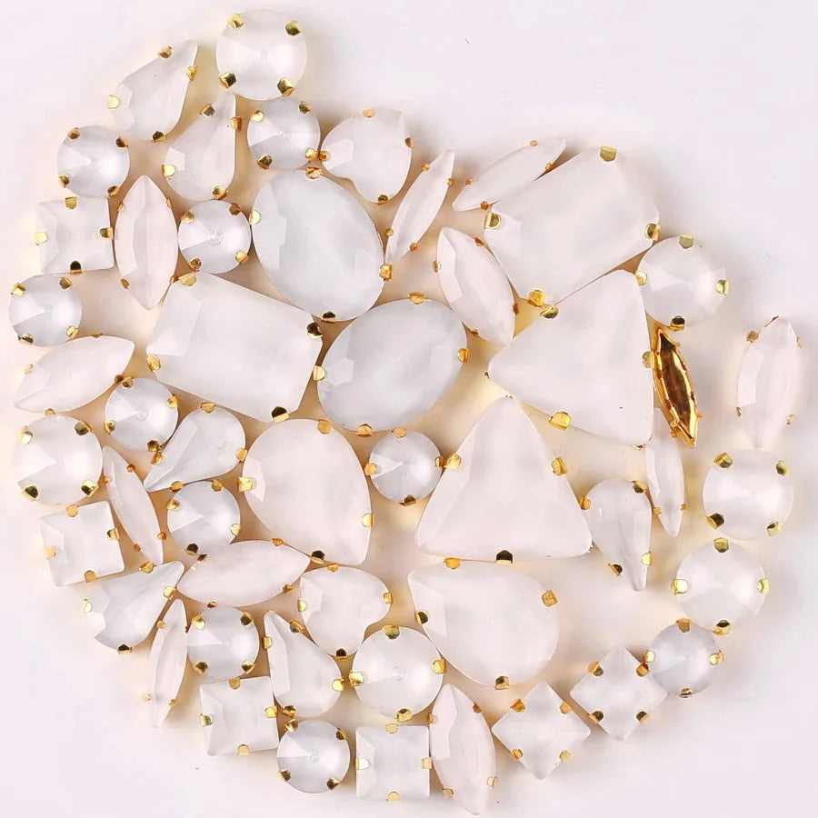 Gold claw settings 50pcs/bag shapes mix jelly candy white color glass crystal sew on rhinestone wedding dress shoes bags diy