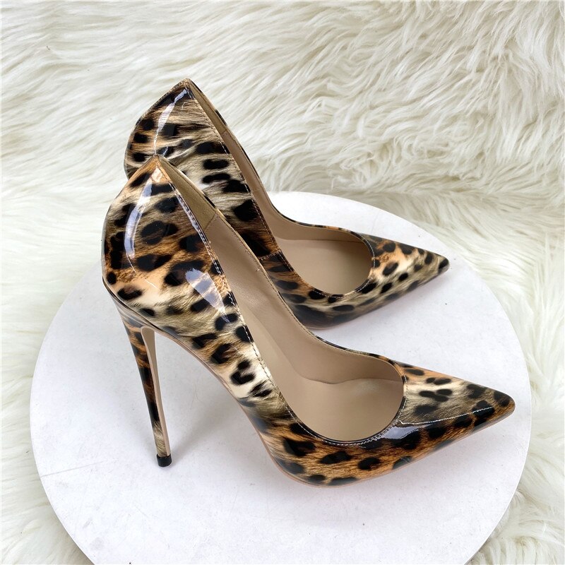 Heelgoo Sexy Women Leopard Patent Pointy Toe High Heel Shoes for Party 8cm 10cm 12cm Celebrity Stiletto Pumps Plus Size 33-46