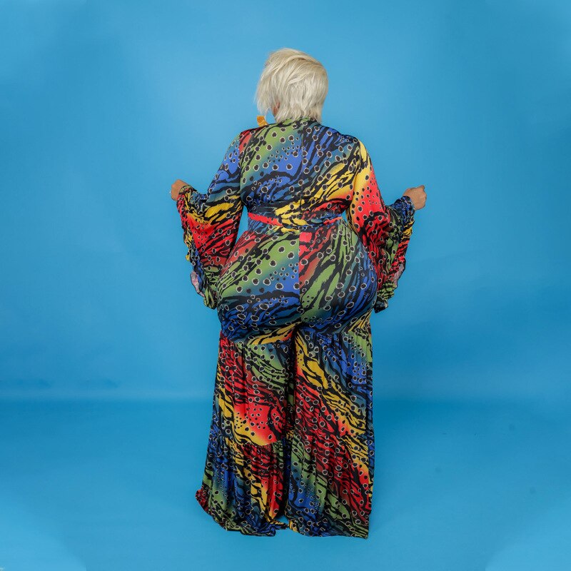 Plus Size Women Jumpsuit Tie Dye Print One Piece Outfit 2023 Spring Female Elegant Belt Jumpsuit Lady Designer Wide Leg Pant