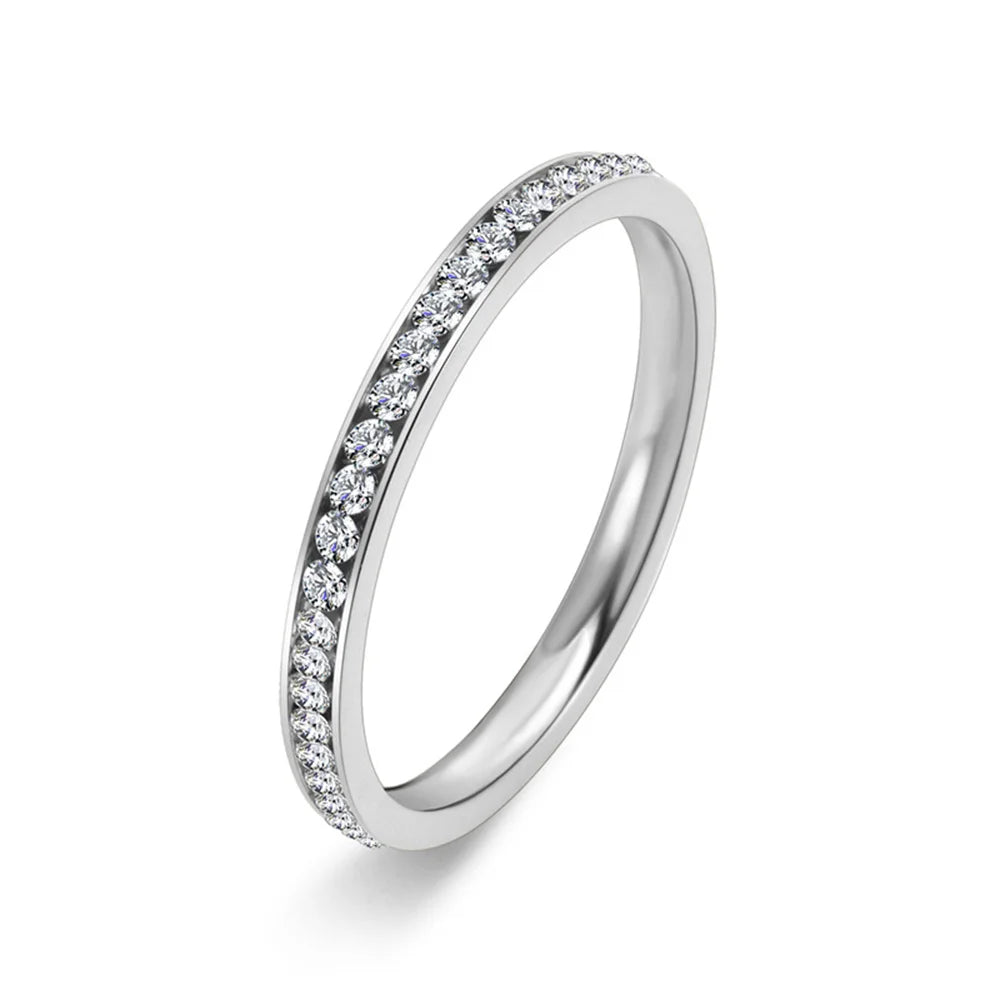 INS 2mm Iced Out Bling CZ Rings For Women Lady Gold Color Stainless Steel Shinny Cubic Zirconia Wedding Ring Elegant Jewelry