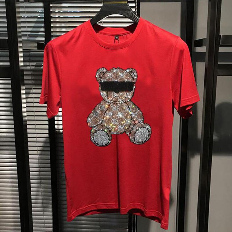 Hot Diamond T-Shirt Glasses Bear Tide Brand Male Short Sleeved Tees New Style Casual Young Streetwear Cotton Top Men's Clothing