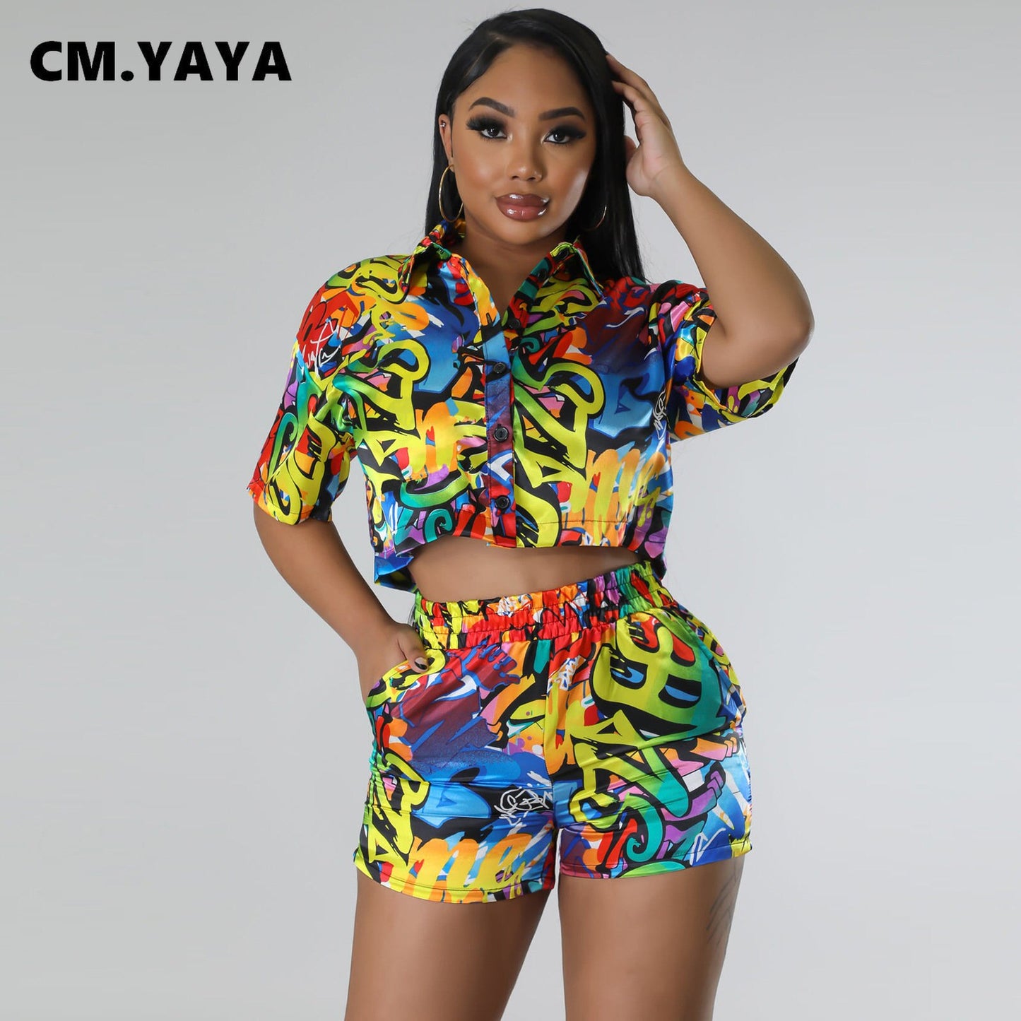CM.YAYA INS Women Paisley Printed Short Sleeve Mini Shirt Blouse and Shorts Suit 2023 Fashion Two 2 Piece Set Outfits Tracksuit
