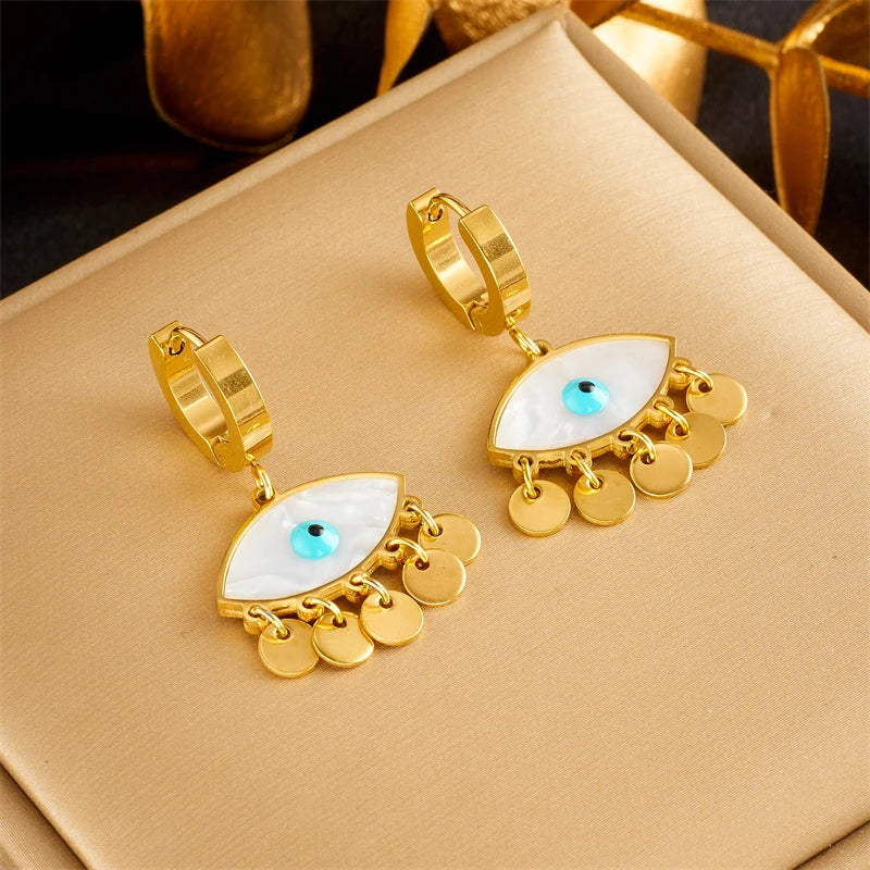 DIEYURO 316L Stainless Steel Blue Eyes Pendant Necklace Earrings For Women High Quality Choker Non-fading Jewelry Set Gifts