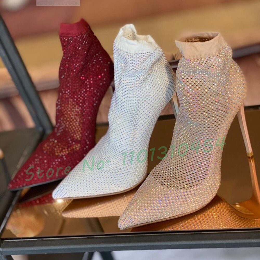 Crystal Mesh Stretch Ankle Boots Women New In Pointy Stiletto Heels Sparkly Hollow Shoes Designer Fashion Spring Chic Booties