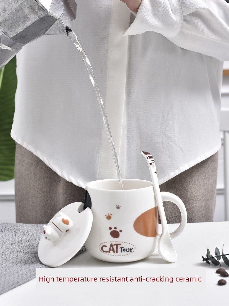 Cute Cat Mug Cartoon Porcelain Cup Couple Men and Women Water Cup Coffee Cup with Cover Spoon Breakfast Milk Cup