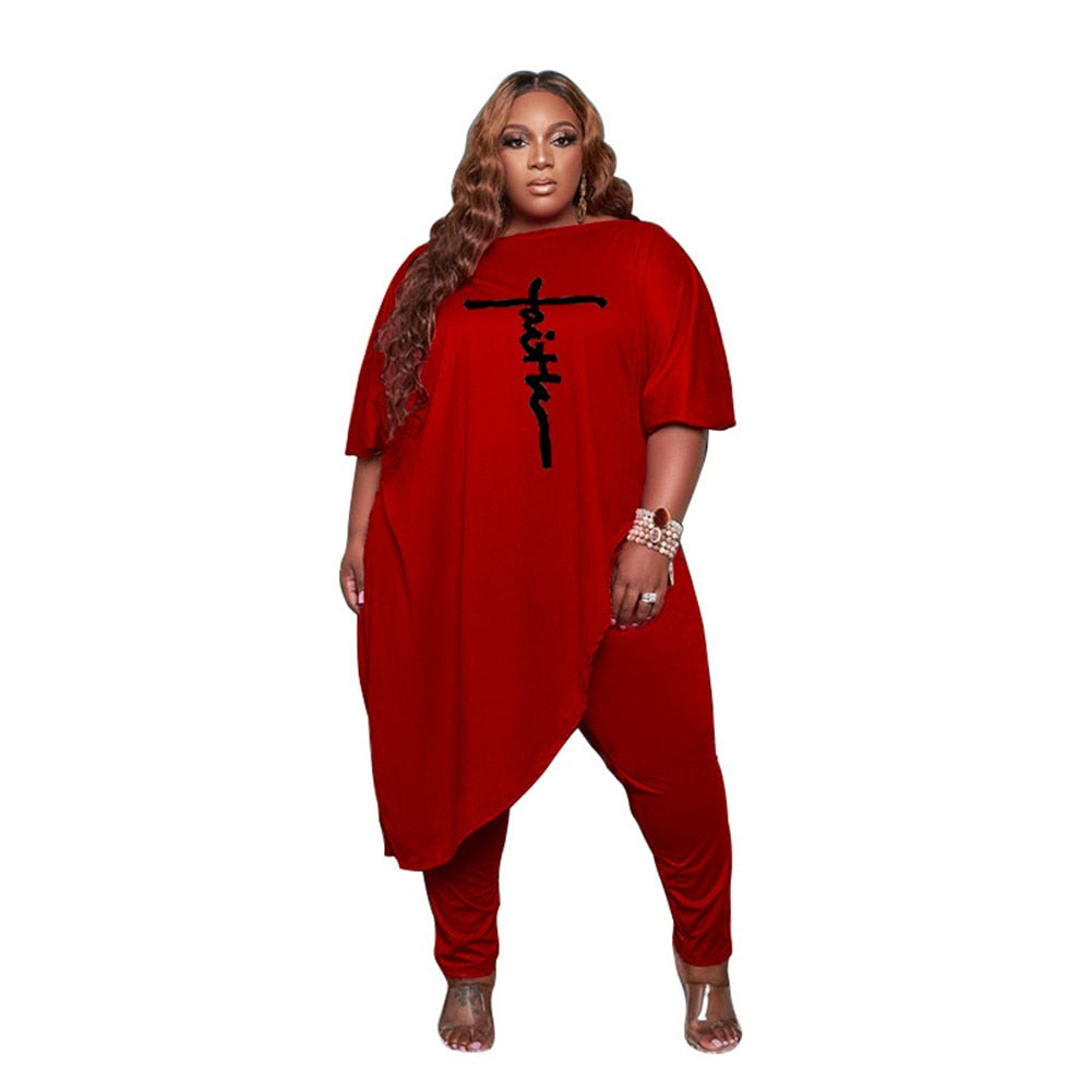 Elegant Plus Size Women's Clothing 4xl 5xl Loose Solid Color Slanted Shoulder Embroidery Tops Sexy Two Piece Sets Wholesale