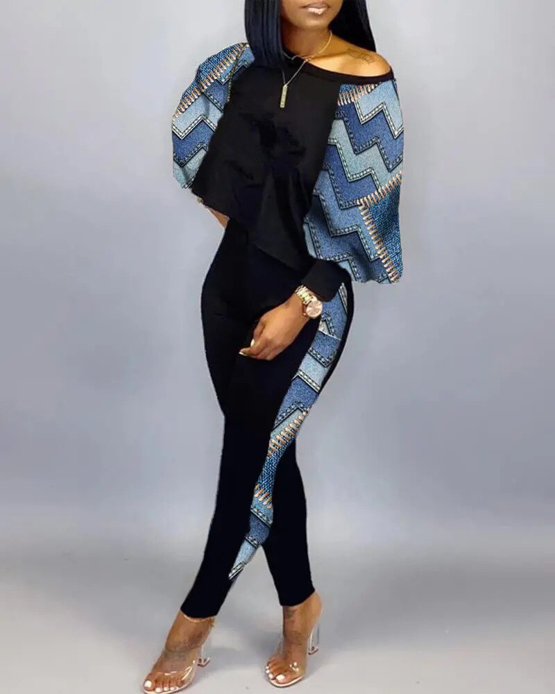 Spring Fashion Print Two Piece Set Women's Diagonal Neck Long Sleeve Casual T-shirt Tights Slim Two Piece Set Women