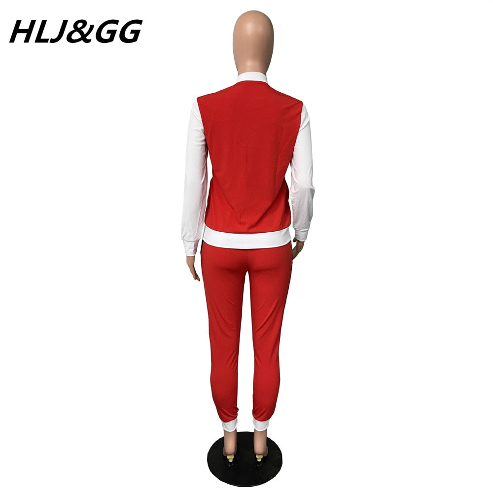 HLJ&GG Casual Sporty Two Piece Sets Women Zipper Long Sleeve Top + Jogger Pants Tracksuits Spring PINK Letter Print 2pcs Outfits