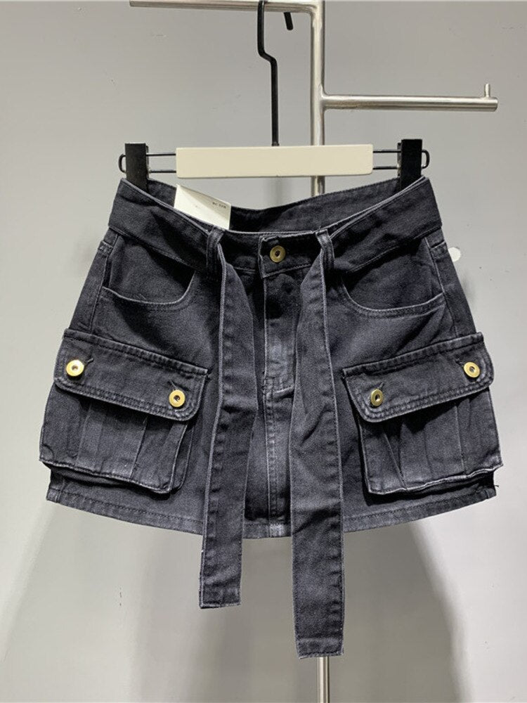 DEAT Fashion Belt Bandage Denim Mini Skirt Women Patchwork Pocket Cargo Wrap Hip Skirts Female Trend 2023 Spring New 11XX01119