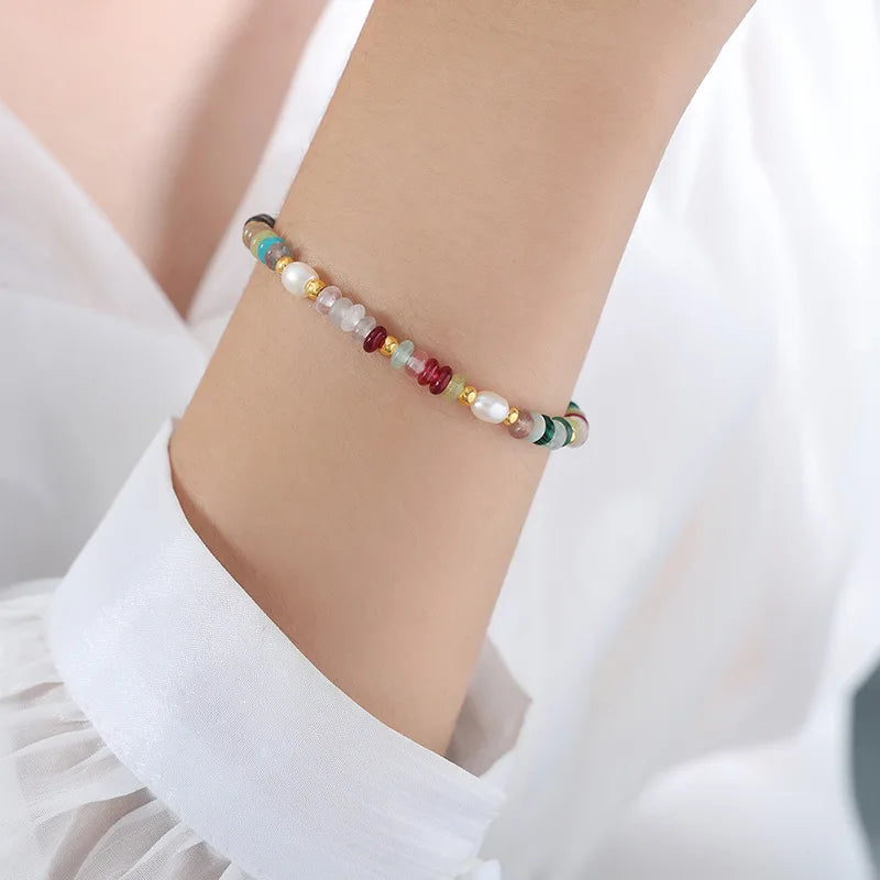 Boho Beaded Necklaces Bracelets For Women Multi Color Natural Stone Beads Stainless Steel Chain Neckalce Bracelet Jewelry Set