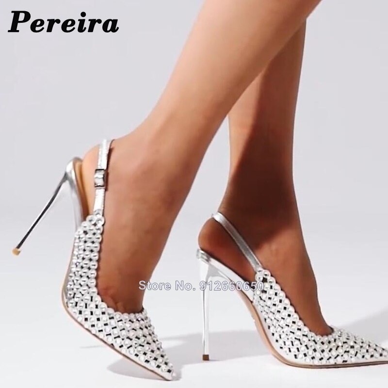 Pereira Back Strap Crystal Sandals Black Silver Women Pointy Toe Solid Backsling Women Shoes On Heels Thin High Heel Sandals