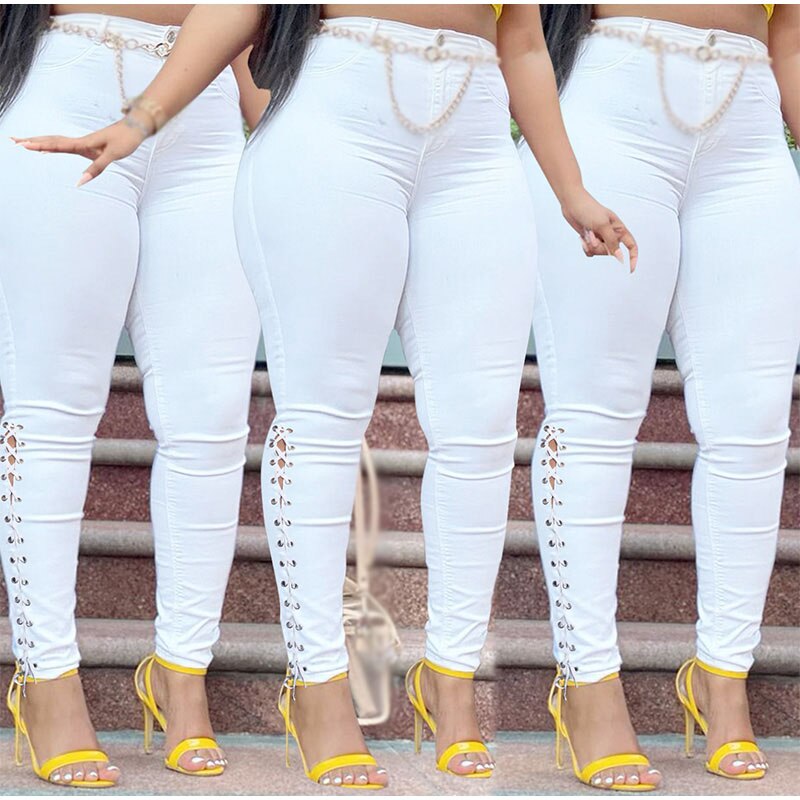 Plus Size Sexy Hollow Out White Skinny Jeans 3XL Summer Streetwear Women High Waist Ripped Lace Up Bandage Denim Pencil Pants