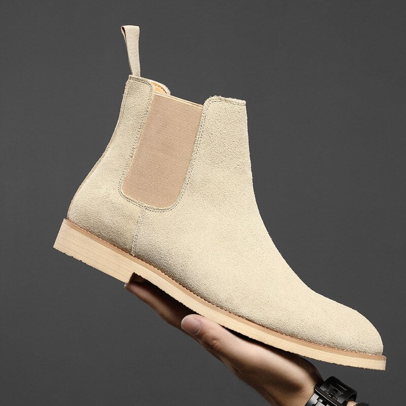 Chelsea Boots Men Shoes Leather Suede Beige Fashion All-match Business Casual British Style Everyday Slip-on Ankle Boots CP195