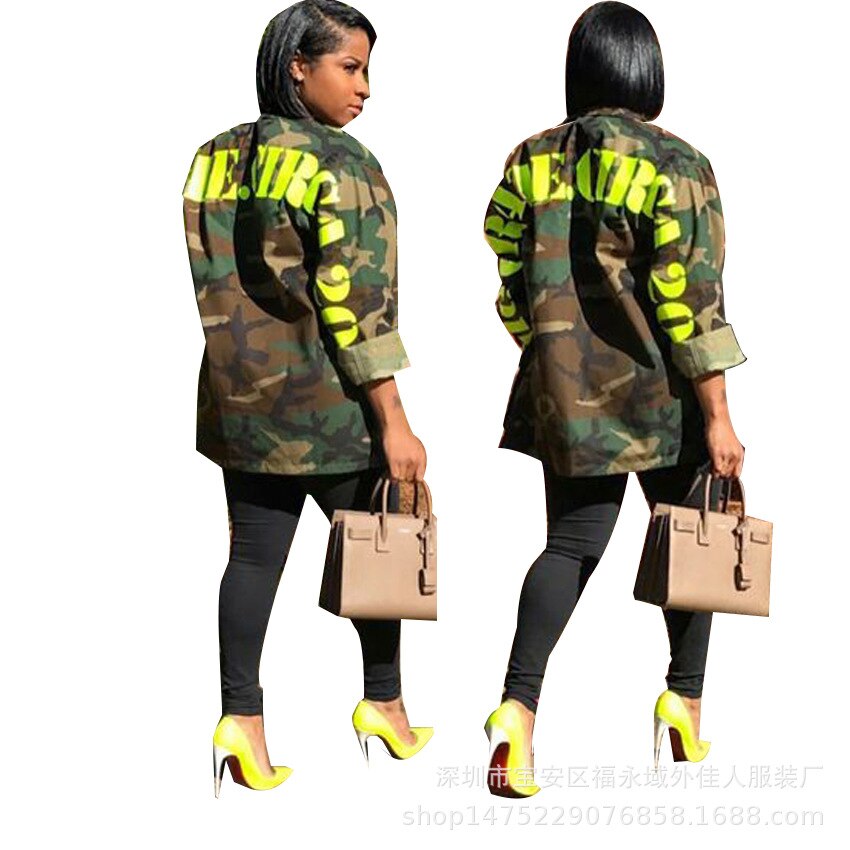 Women's Green Camouflage Long Jackets new Size Long Sleeve Camo Streetwear Coat femme Jacket