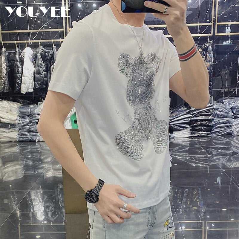Rhinestone Casual Men's Short Sleeve T-shirt Loose O-neck 2022 Summer New Fashion Trend Brand Diamond Bear Green Yellow Clothing