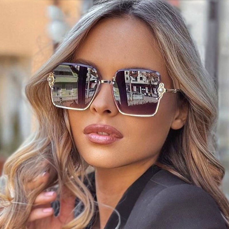 Half Frame Luxury Women Brand Sunglasses Pearl Square Fashion Shades UV400 Vintage Glasses