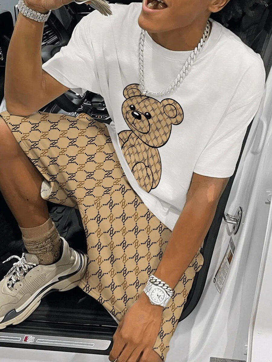 LW Geometric Bear Print Shorts Set O Neck Short Sleeve Basic T-shirt+Mixed Print Hipster Bottoms Two Pieces Women/Men 2PCs