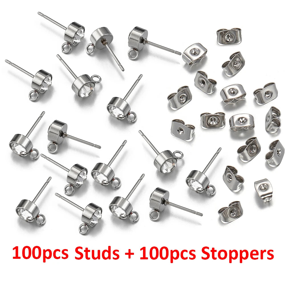 100pcs/20pcs Stainless Steel Rhinestone Earring Posts Gold Color Ear Studs with Loop Rings DIY Earrings Jewelry Making Supplies