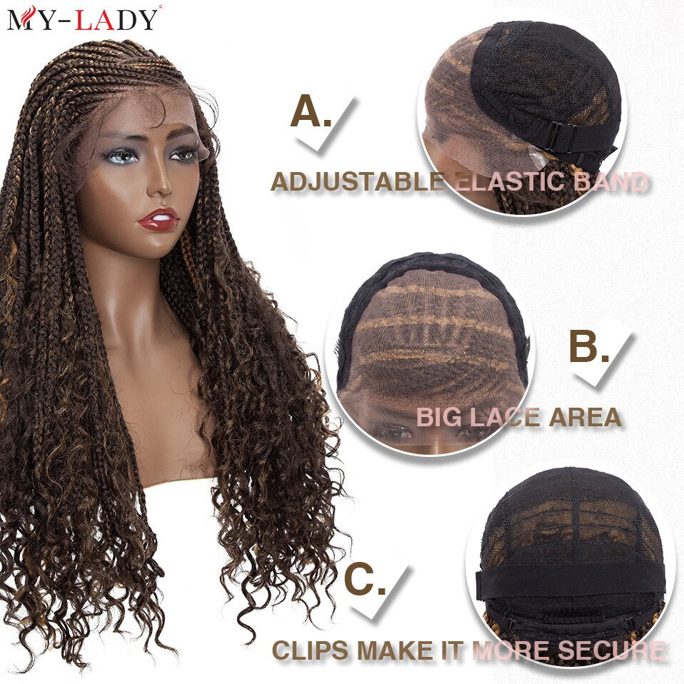 My-Lady Synthetic 26'' Cornrow Braids Lace Wigs Curly Ends Box Braided Lace Front Wig Baby Hair Frontal Afro Wig Black Women