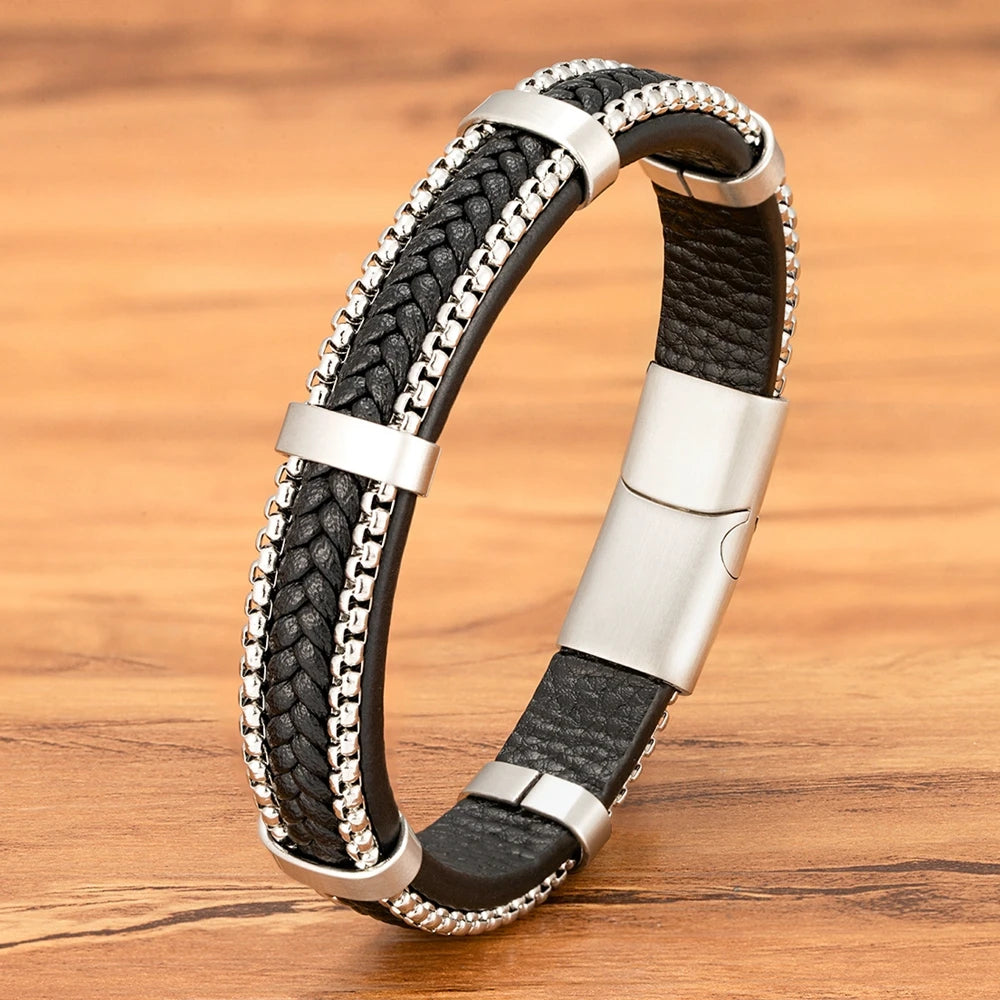 TYO New Arrivel Punk Design Chain Stainless Steel Braid Leather Bracelet for Men Magnetic Buckle Charm Jewelry Gifts Customized