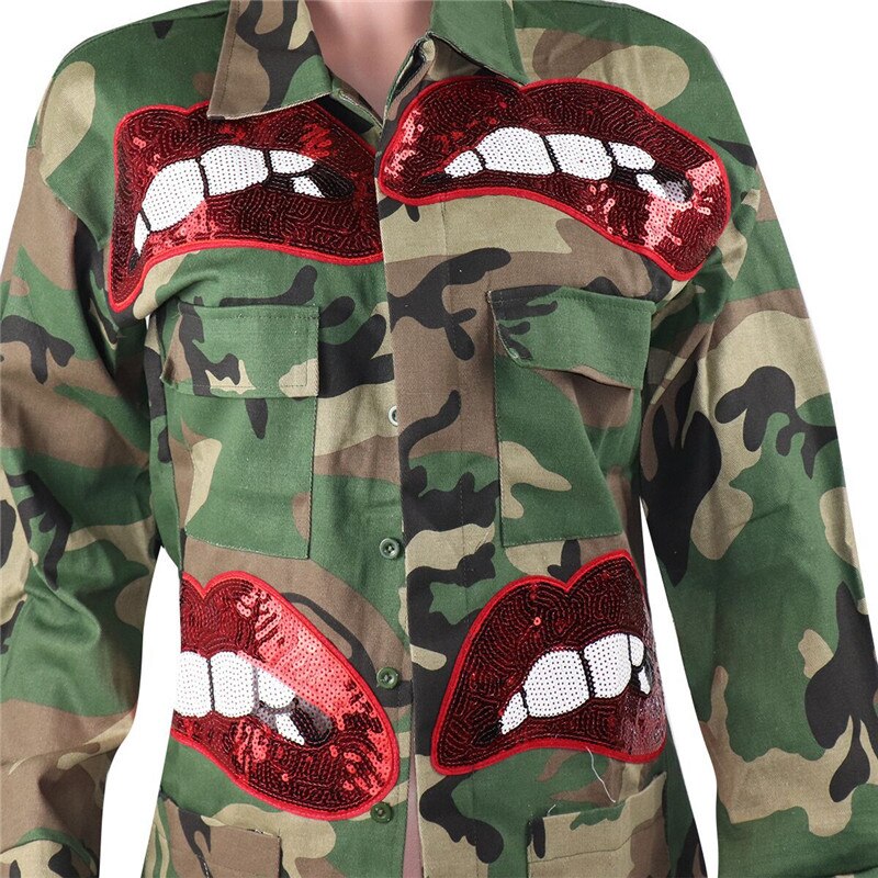 Autumn Winter Sequin Lip Camouflage Camo Jacket Coat Women High Neck Button-up Pockets Military Slim Streetwear Casual Outerwear
