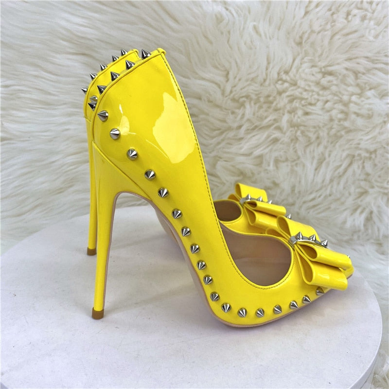 Heelgoo Spikes Bow Women Glossy Yellow Pointy Toe High Heel Shoes Plus Size 33-46 Sexy Party Stiletto Pumps Color Customizable