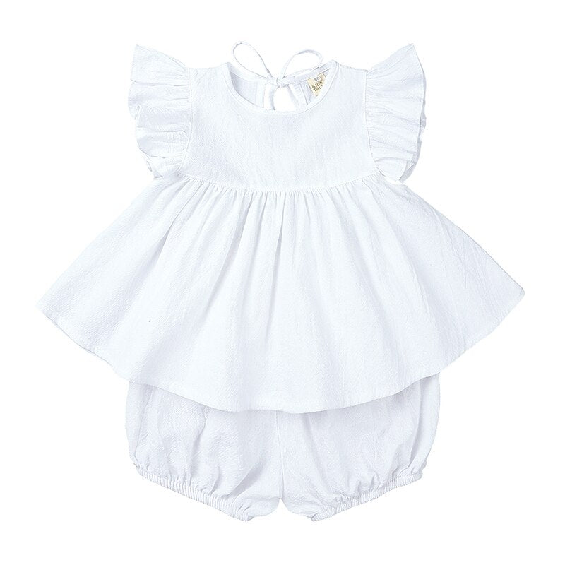 Essentials Baby Girls Clothing 2 Pieces Set Lacing Ruffle Sleeve Cozy Tops Skirts+Shorts Little Kids Clothes For Toddler Outfits