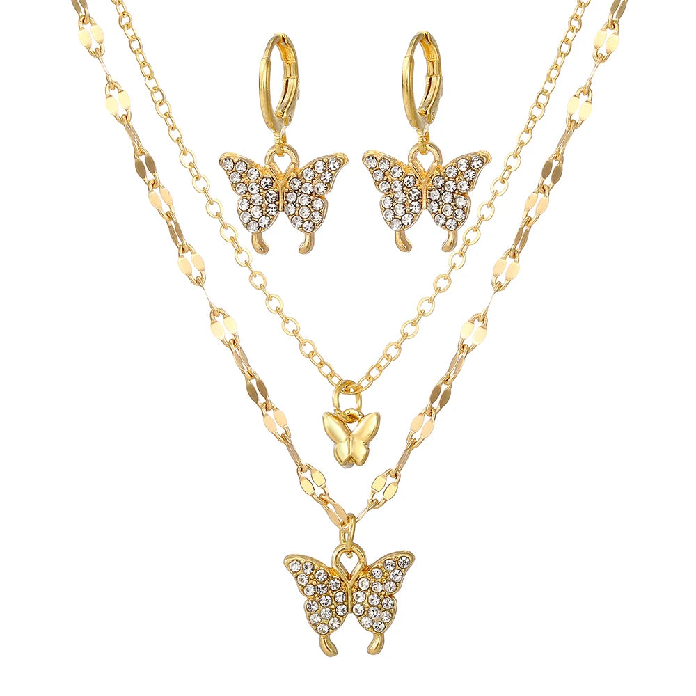IPARAM Minimalist Crystal Butterfly Pendant Earrings Necklace Jewelry Set for Women Chains Fashion Jewelry Gifts