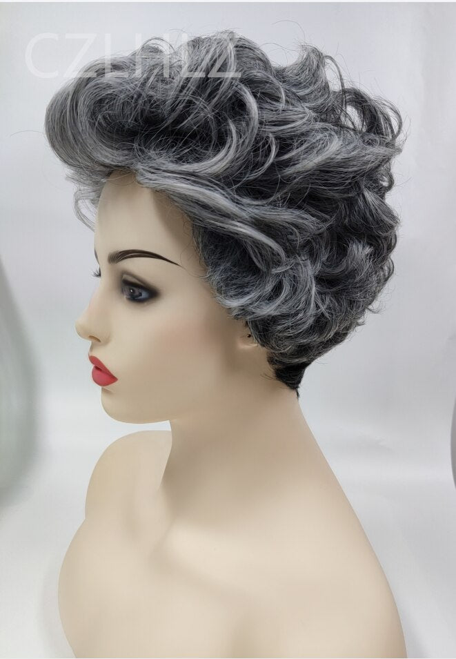 Fashion Short Curly Wig for Women Grey Synthetic Wig Ombre Short Hair Party Wigs Mother Full Wigs Natural As Real Hair