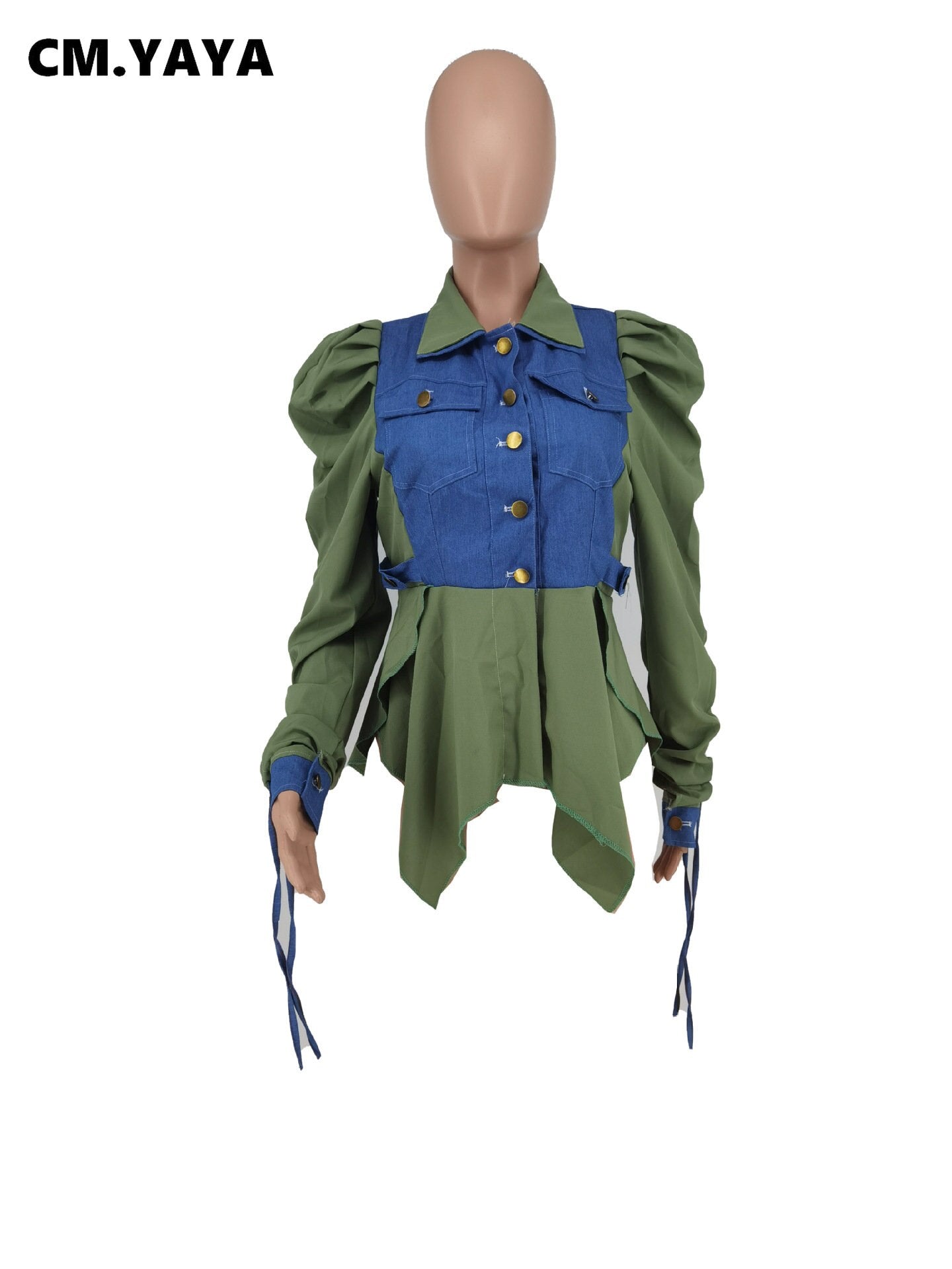 CM.YAYA Vintage Women Drawstring Ruched Up Puff Long Sleeve Single Breasted Turn-down Collar Denim Shirt Blouse Coat