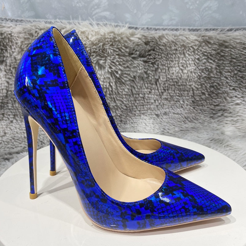 Heelgoo Royal Blue Snakeskin Pattern Women Pointy Toe High Heel Party Dress Shoes Plus Size 33-46 Sexy Ladies Stiletto Pumps