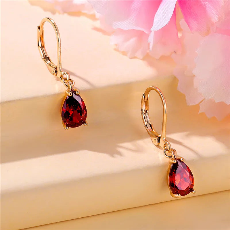 Female Crystal Red Zircon Stone Heart Dangle Earring Cute Tassel Long Wedding Jewelry For Women