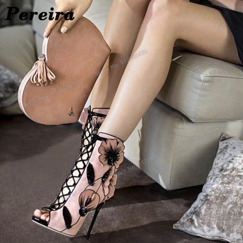 Peraira Cross Tied Flower Decor Boots Women Lace up Peep Toe Stilettos High Heels Dress Boots Custom Made Runway Shoes on Heels