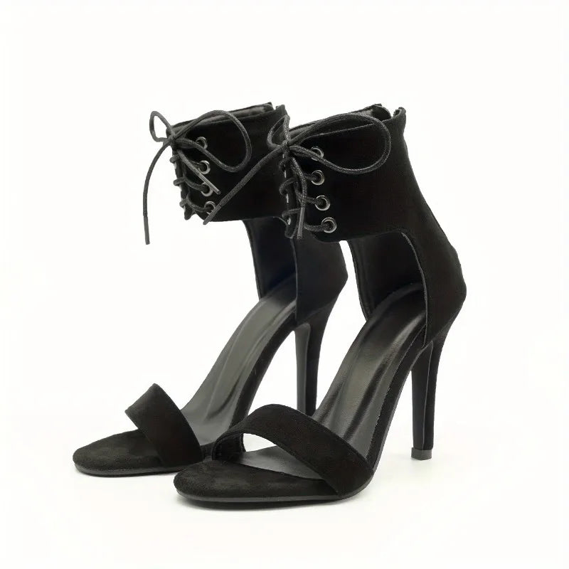 Black Gladiator Sandals For Women 2024 Summer Sexy Open Toe Belt Buckle Cover Heeled Thin High Heels Shoes Club Party Pumps